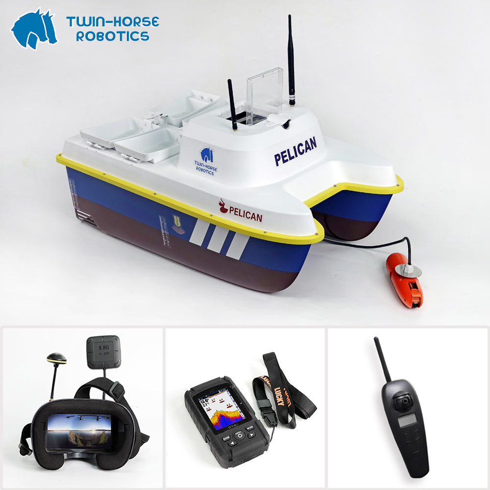 "PELICAN" Remote Control Fishing Bait Boat With Cameras And Sonar, 4 Hoppers USV